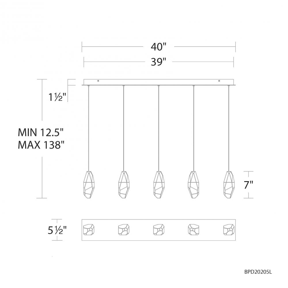 Martini 5 Light 120-277V Multi-Light Pendant in Aged Brass with Optic Crystal