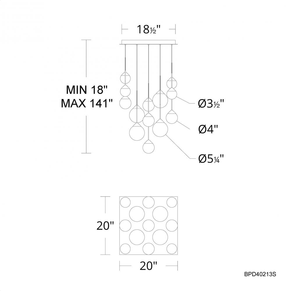 Quest 13 Light 120-277V Multi-Light Pendant (Square Canopy) in Aged Brass with Optic Haze Quartz