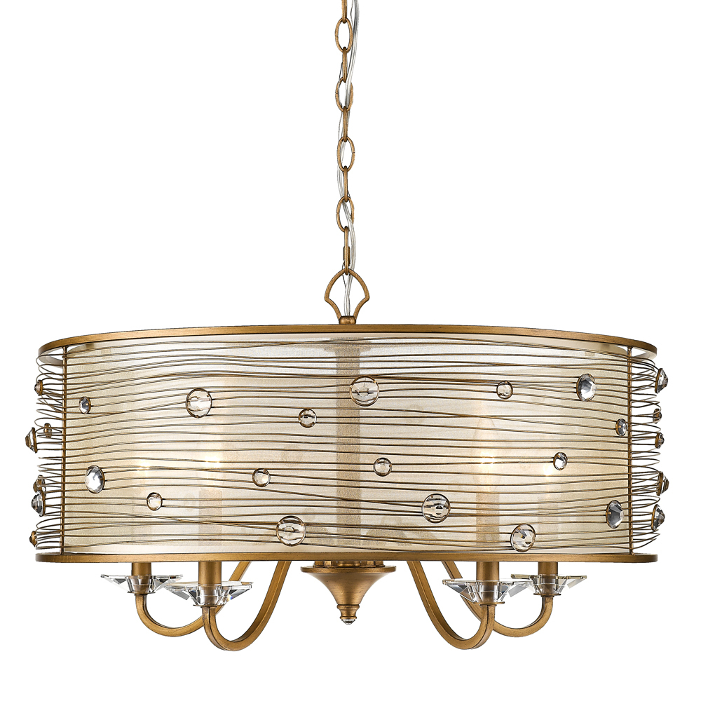 Joia 5 Light Chandelier in Peruvian Gold with a Sheer Filigree Mist Shade