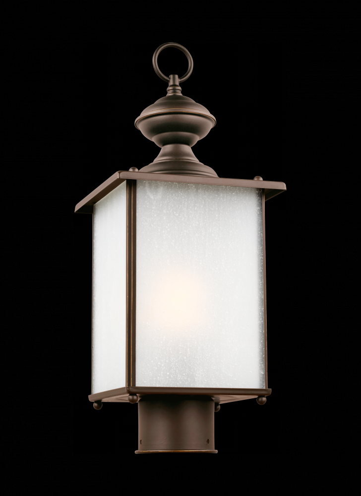 Jamestowne transitional 1-light LED outdoor exterior post lantern in antique bronze finish with fros