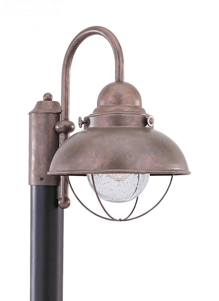 Sebring transitional 1-light LED outdoor exterior post lantern in weathered copper finish with clear