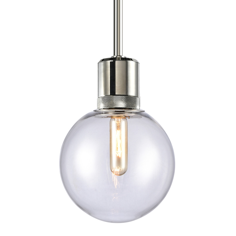 8" E26 Clear Globe Glass Pendant Light and Polished Nickel Metal Finish