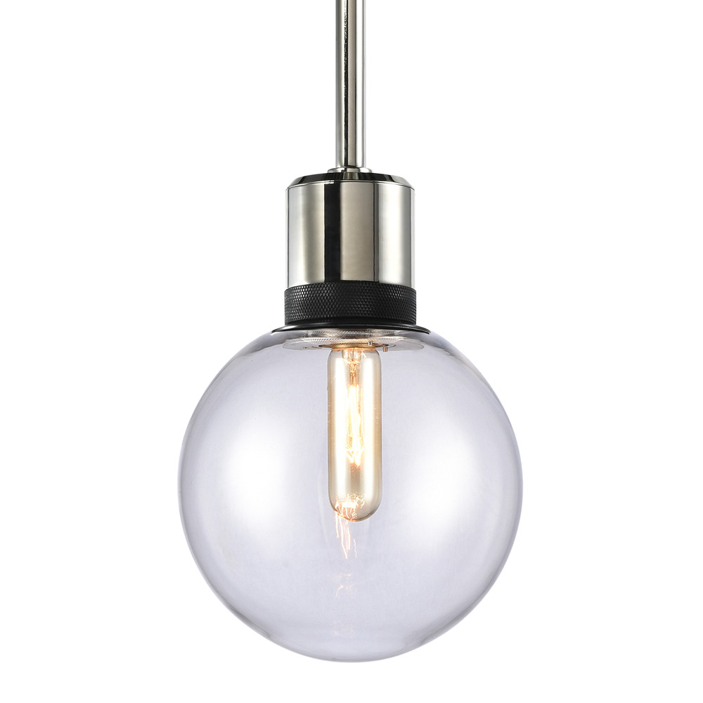 8" E26 Clear Globe Glass Pendant Light and Polished Nickel with Black Metal Finish