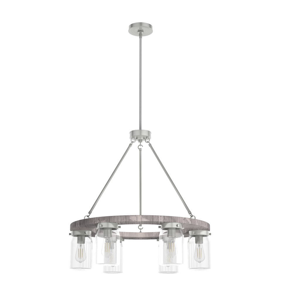 Hunter Devon Park Brushed Nickel & Grey Wood with Clear Glass 6 LT Chandelier Ceiling LT Fixture