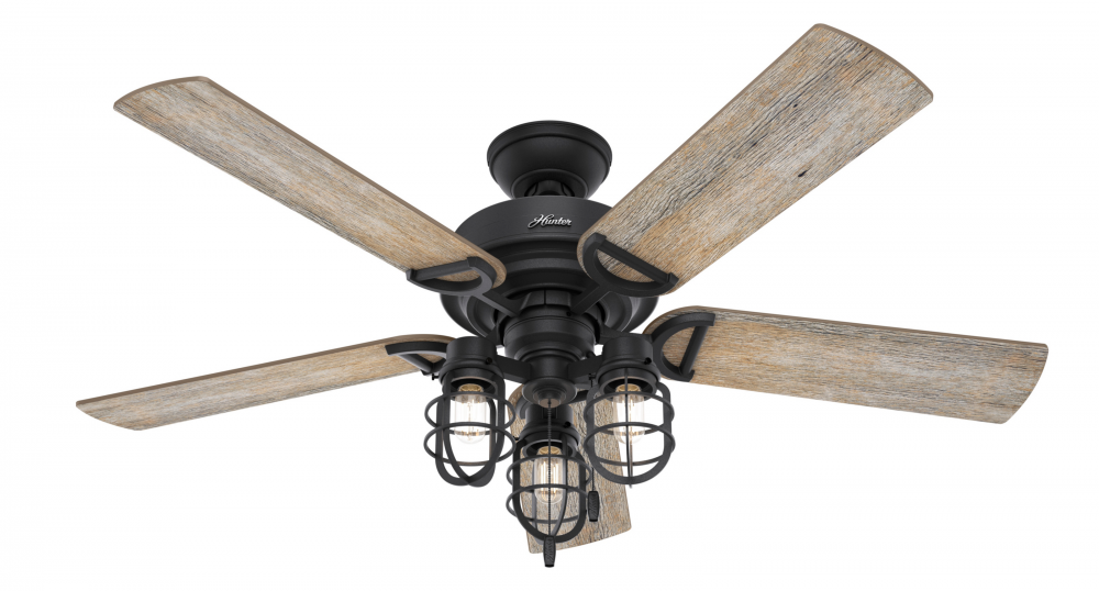 Hunter 52 inch Starklake Natural Black Iron Damp Rated Ceiling Fan with LED LT Kit and Pull Chain