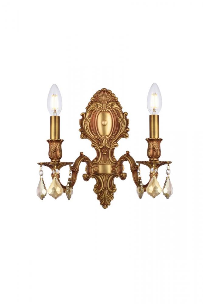 Monarch 2 Light French Gold Wall Sconce Golden Teak (Smoky) Royal Cut Crystal