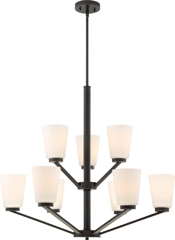 Nome - 9 Light Chandelier with Satin White Glass - Mahogany Bronze Finish