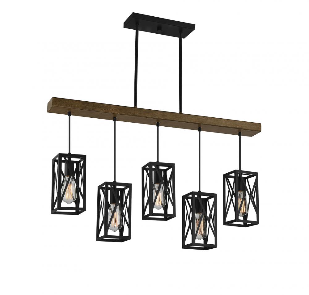 5-light Linear Chandelier In Wood With Black